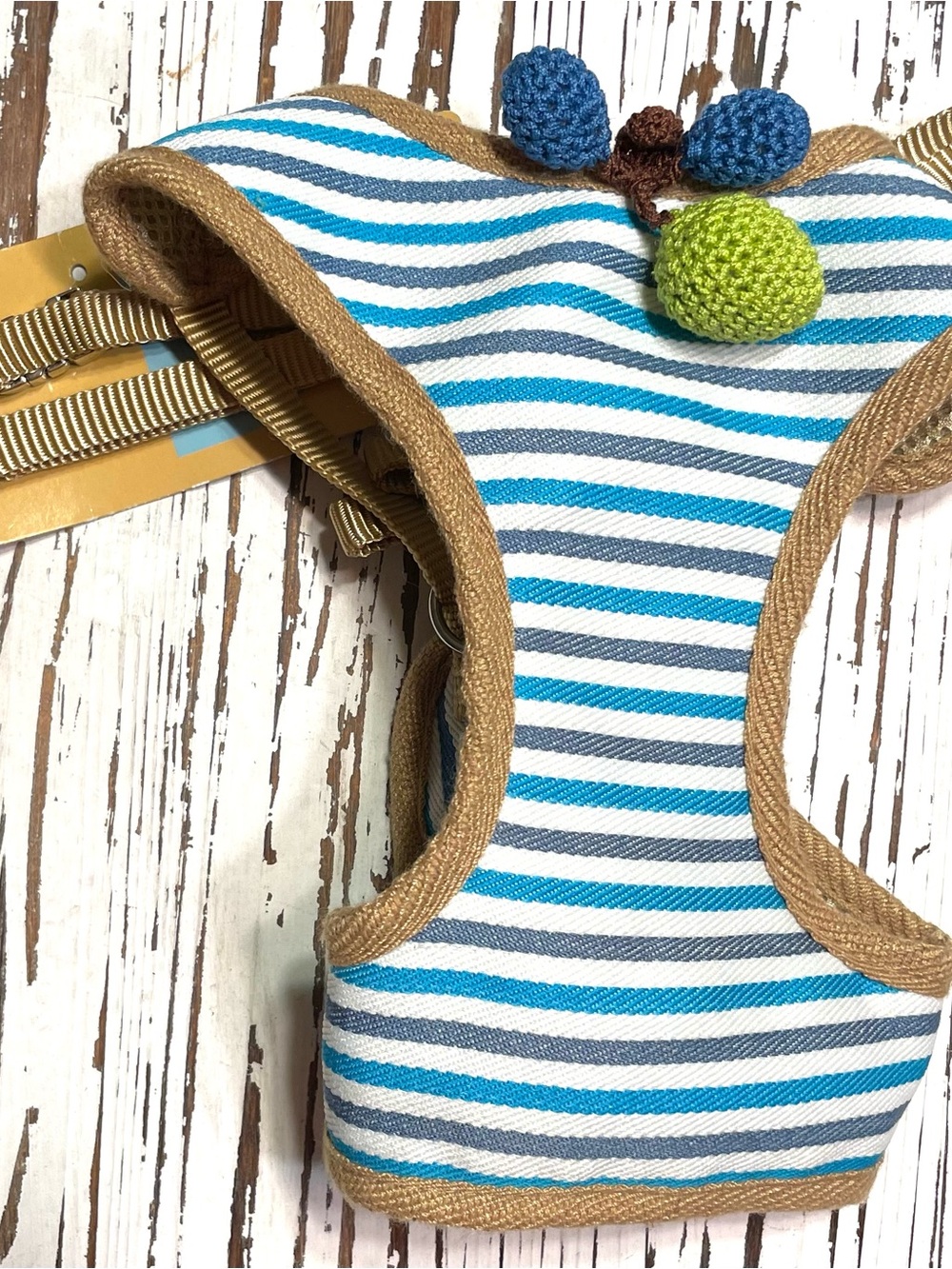 Striped Blue and White Dog Harness with Tan Trim, leash included Medium
